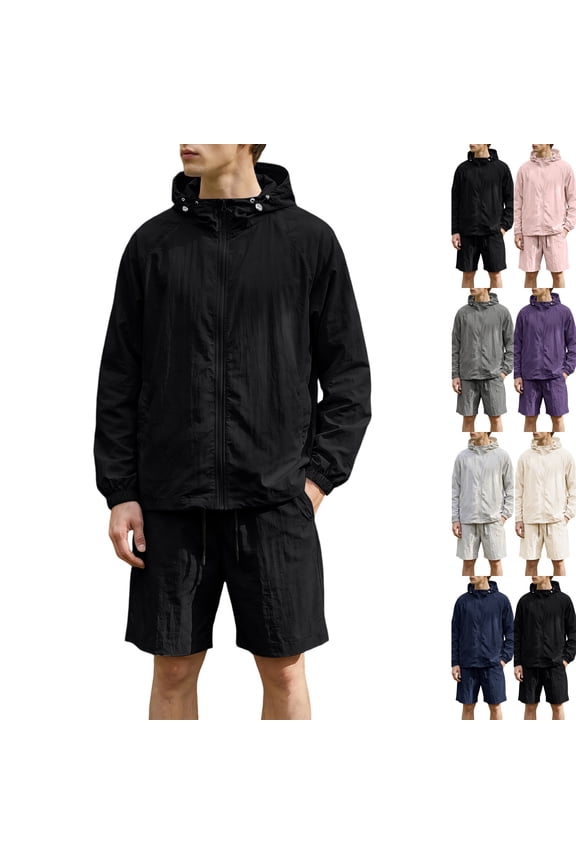 UPF 50+ Two Piece Sets for Men Sun Protection Full Zip Hoodie Matching Shorts Set Lightweight Windbreaker Jacket Outfits,XXL,Black