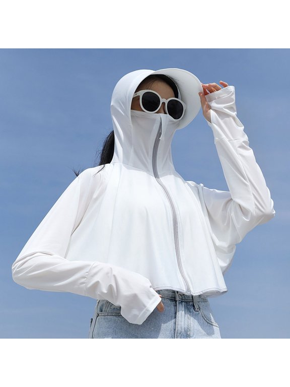 UPF 50+ Women Sunscreen Hoodie Solid Color Thin Ice Silk Summer UV Protection Long-sleeved Jacket Breathable Shirt Clothing