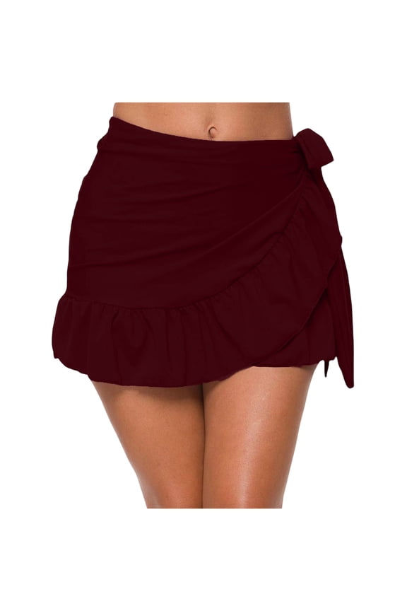 UPF 50+ Women's Ruffle Beach Sarong Wrap High Waisted Swim Skirt Stylish Apron Style Resort Pool Cover Up Breathable Swimwear Bikini Tankini Bottom Wine M