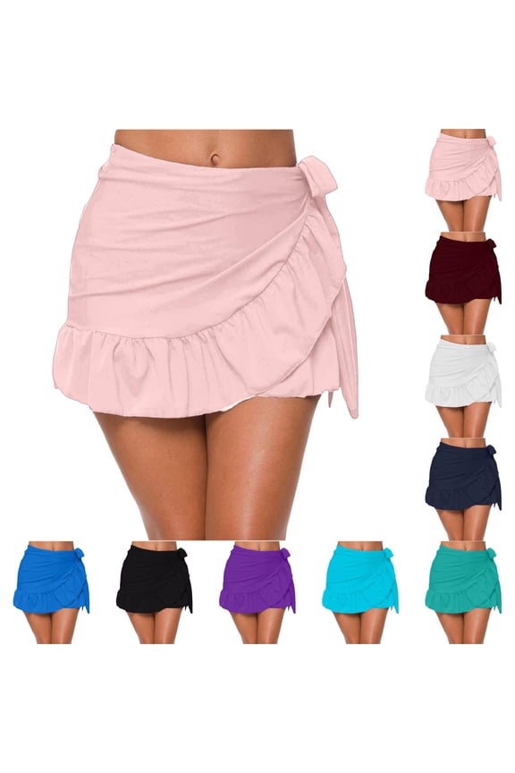 UPF 50+ Women's Ruffle Sarongs Beach Wrap Cover Up Swimwear Bikini Bottoms High Waisted Tankini Swim Skirts Swimdress Wine L