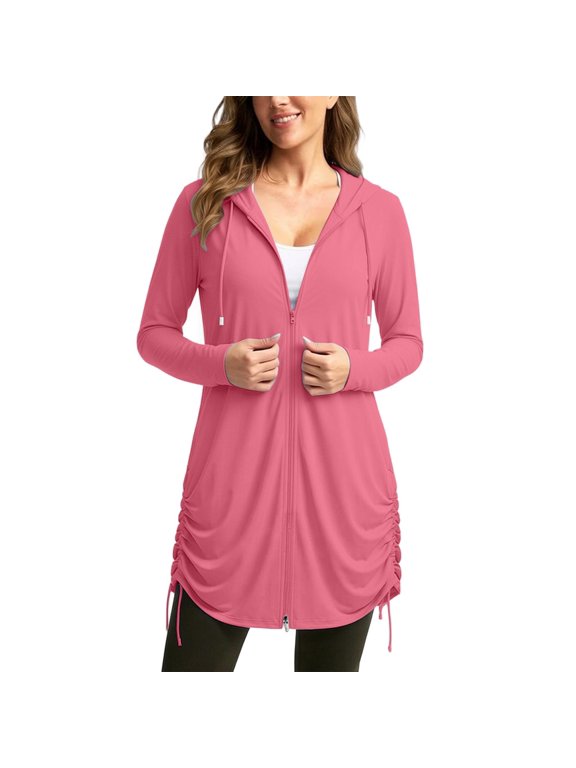 UPF 50+ Womens Swimwear Cover Ups Swim Sun Protection Hoodie Long Jacket SPF Lightweight Beach Cover Ups Hot Pink M