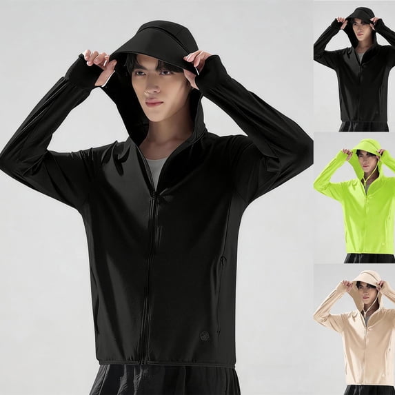UPF50+ Sun Protection Hoodie for Men Ice Silk Lightweight Breathable Long Sleeve Jacket with Zipper and Drawstring Outdoor Fishing Shirt Green