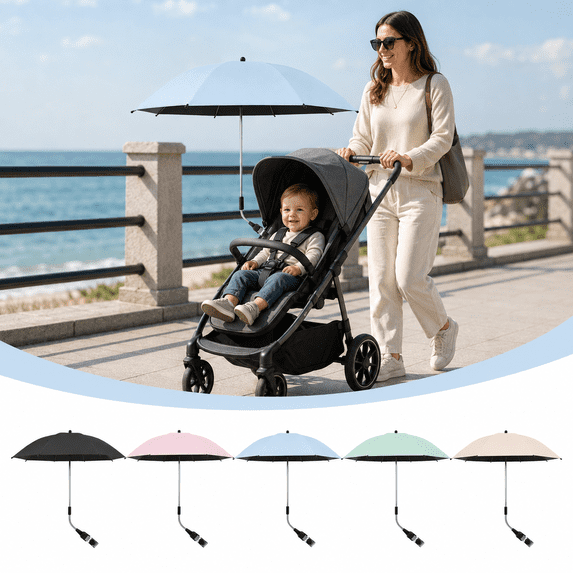 UPF50+ Universal Sun Umbrella for Strollers and Camping Carts, Adjustable Clip On Parasol, Anti-UV Shade Canopy for Baby Pram, Wagon and Outdoor Walking Use