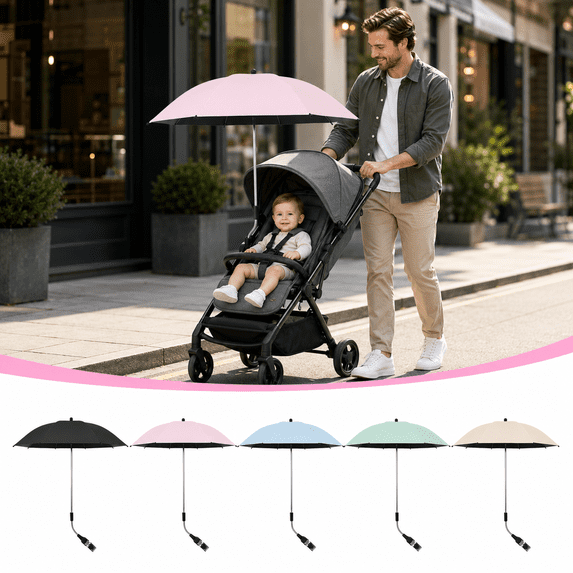 UPF50+ Universal Sun Umbrella for Strollers and Camping Carts, Adjustable Clip On Parasol, Anti-UV Shade Canopy for Baby Pram, Wagon and Outdoor Walking Use