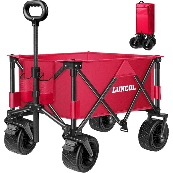 UPGO 200L Collapsible Foldable Wagon with 350lbs Weight Capacity, Heavy Duty Folding Utility Garden Cart with Big All-Terrain Beach Wheels & Drink Holders