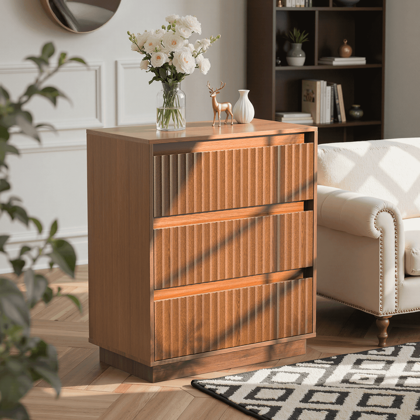 UPGO 27.5'' Fluted Dresser for Living Room, Bedroom, Hallway, Entryway with Deep 3 drawers, Wooden Dresser