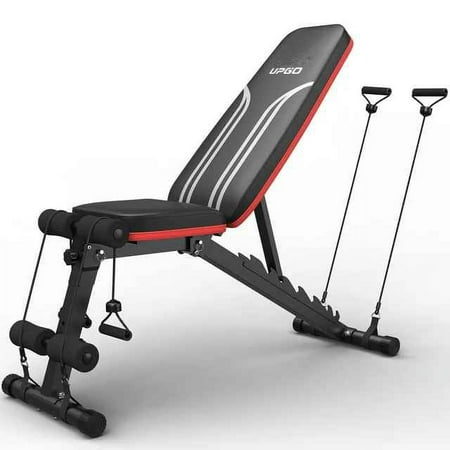 UPGO Adjustable Weight Bench Workout Bench for Home Gym, 15 Degree Decline Sit-Up Resistance Bands Included , Sturdy Durable Folding Weight Bench for Years of Workout