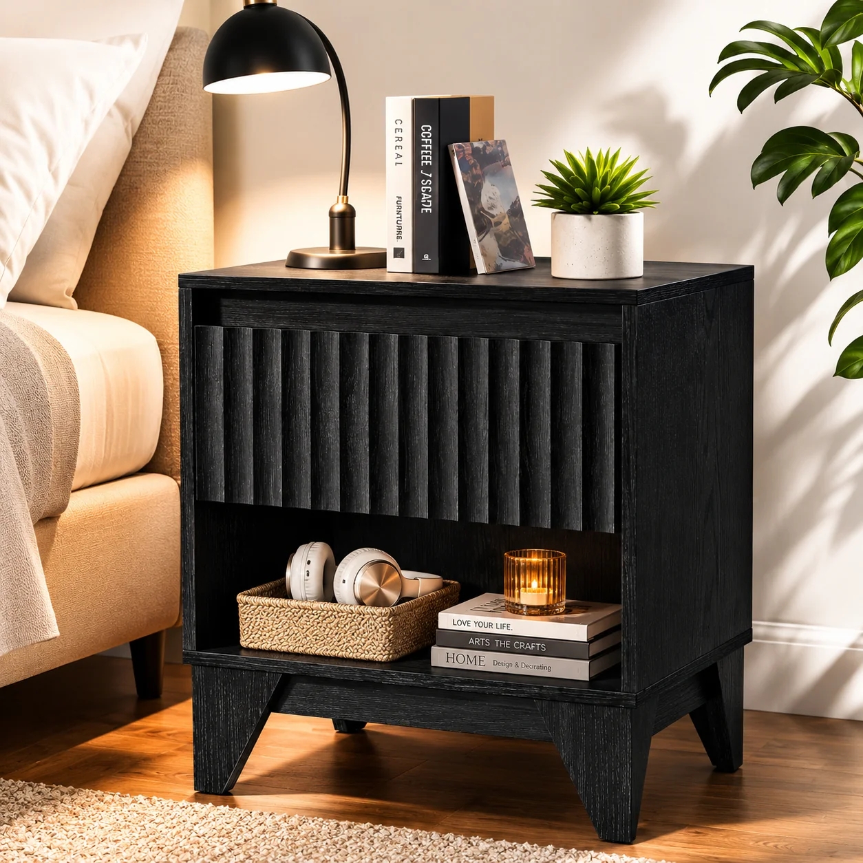 UPGO 1 - Drawer Black Nightstand one Drawer Nightstand With Charging Station, Versatile Side Table With Storage