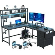 UPGO Gaming Desk Computer Desk with Pegboard & Shelves Large L Shaped Desk with Drawers, Gaming Desk with Power Outlet & LED & Monitor Stand & Mobile CPU Stand, Corner Deck for Home Office Black