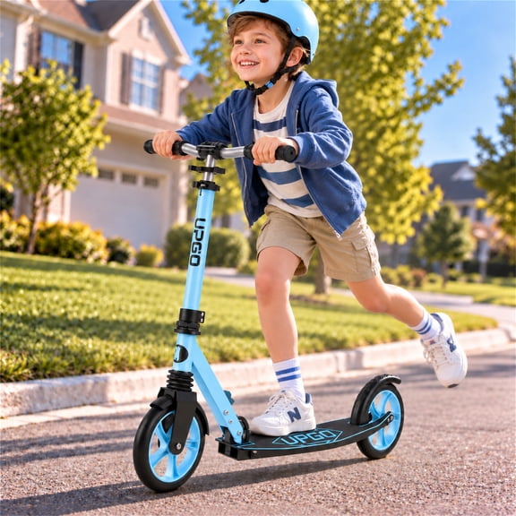 UPGO Kick Scooter for Kids & Teens Ages 6 , 8-Inch Wheels, Foldable, 4-Level Adjustable Handlebar, Front Suspension, 240 lb Capacity, Blue