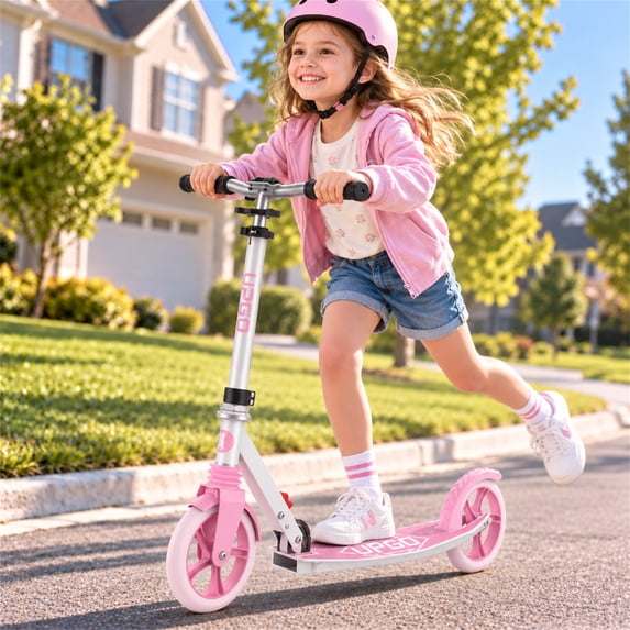 UPGO Kick Scooter for Kids & Teens Ages 6+, 8-Inch Wheels, Foldable, 4-Level Adjustable Handlebar, Front Suspension, 240 lb Capacity, Pink