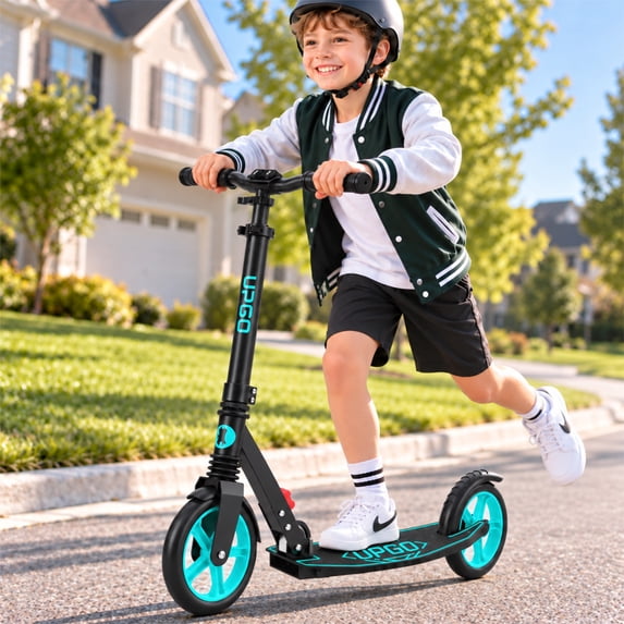 UPGO Kick Scooter for Kids Ages 6-12 & Teens, Foldable Scooter with 8-Inch PU Wheels, Front Suspension, 4-Level Adjustable Handlebar, One-Piece Aluminum Deck, 240 lb Capacity, Cyan