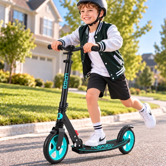 UPGO Kick Scooter for Kids Ages 6-12 & Teens, Foldable Scooter with 8-Inch PU Wheels, Front Suspension, 4-Level Adjustable Handlebar, One-Piece Aluminum Deck, 240 lb Capacity, Cyan