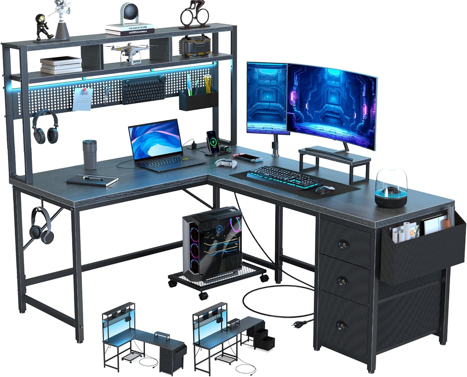 UPGO Gaming Desk Computer Desk with Pegboard & Shelves Large L Shaped Desk with Drawers, Gaming Desk with Power Outlet & LED & Monitor Stand & Mobile CPU Stand, Corner Deck for Home Office Black