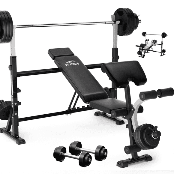 FLYBIRD Standard Weight Bench with Preacher Curl, Leg Developer, Chest & Shoulder Rack