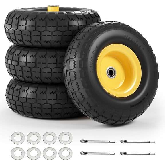 【UPGRADED】4.10/3.50-4 Tire and Wheel Flat Free, 10" Air Less Tires Wheels with 5/8" Center Bearings, 4.10/3.50/4 tires for Hand Truck/Trolley/Garden Utility Wagon Cart/Wheelbarrow/Generator, 4 Pack