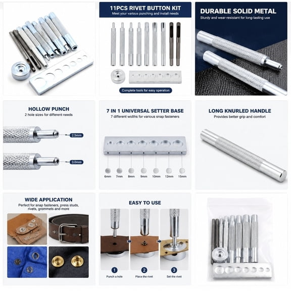 UPGRATOR 11-Piece Metal Button Tool Set, Compact -Resistant Plated Fastener Kit for Home Projects