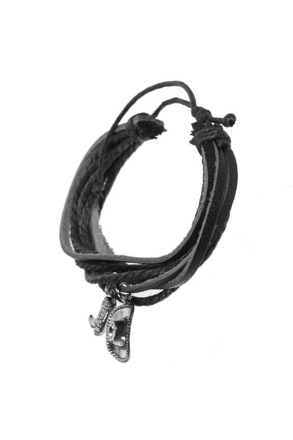 1Pack Mens Cuff Bracelet in Black Leather with Zinc Alloy Cowboy Hat and Boot Charms for Men and Women