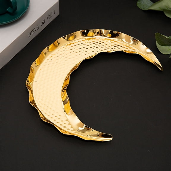 UPGRATOR 1Pc Moon Shape Metal Ornament Food Serving Tray Golden Multi Functional Plate