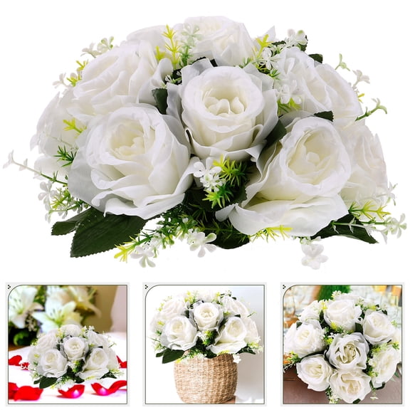 UPGRATOR 1 Piece White PU Lace Satin Flower Bouquet Half Sphere with Realistic Look for Decoration
