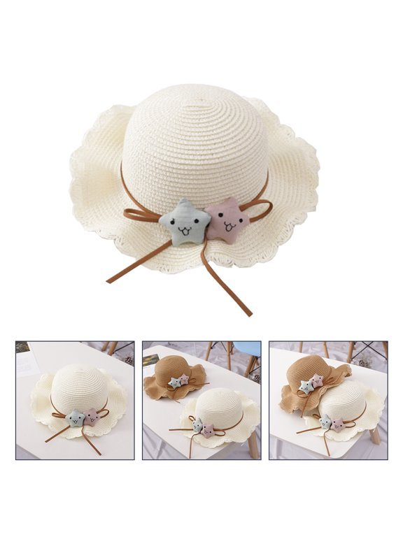 1Pc White Straw Weaving Summer Hat Outdoor Sun Protection Hat with Wide Brim