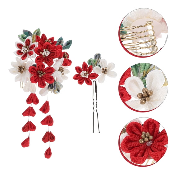 UPGRATOR 1Set Elegant Red Floral Hair Comb Japanese Style Bridal Hair Accessory for Party