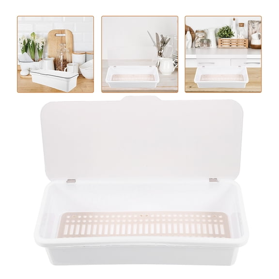 UPGRATOR 2Pcs White Cutlery Storage Box with Drainage and Lid for Kitchen Spoon Fork Organizer
