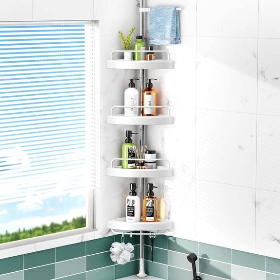 UPGRATOR 4-Tier Adjustable Corner Shower Caddy Telescopic Storage Rack with Towel Bar