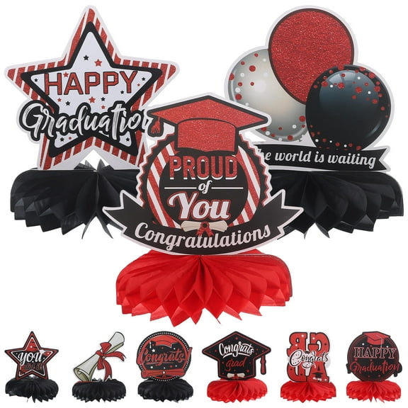 UPGRATOR 9Pcs Red Paper Graduation Party Decorations Star Badge Cap Certificate Honeycomb Table Decoration 11.8x5.9in