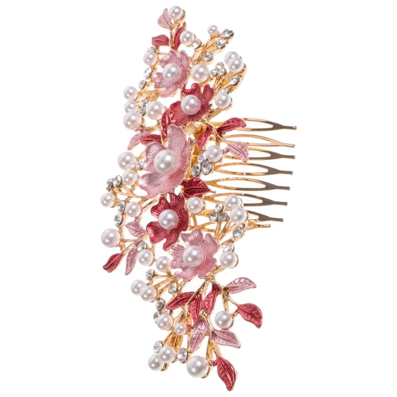 UPGRATOR Elegant Pink Rhinestone Hair Comb Floral Design Alloy Headwear for Wedding Celebration