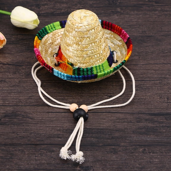 UPGRATOR Khaki Straw Woven Sombrero Hat for Dogs Adjustable Elastic Cord for Party Use