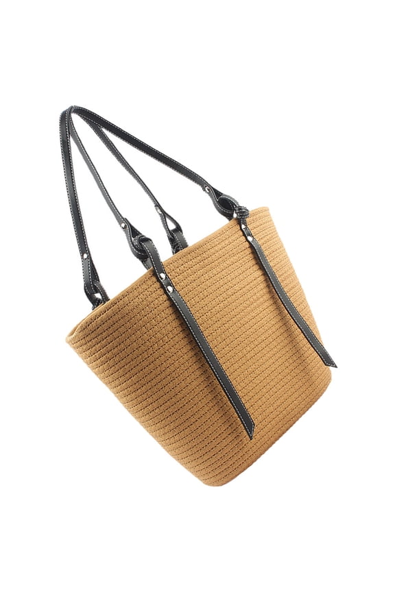 Light Brown Woven Tote Bag Fashionable Handheld Shoulder Bag for Beach Picnic Shopping Storage