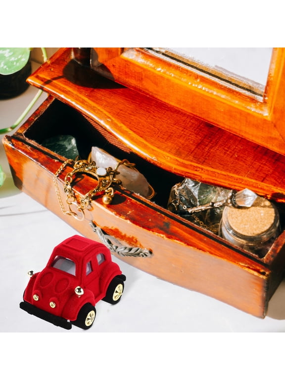 Red Velvet Ring Box with Cute Vintage Car Plush Design for Wedding and Engagement Display