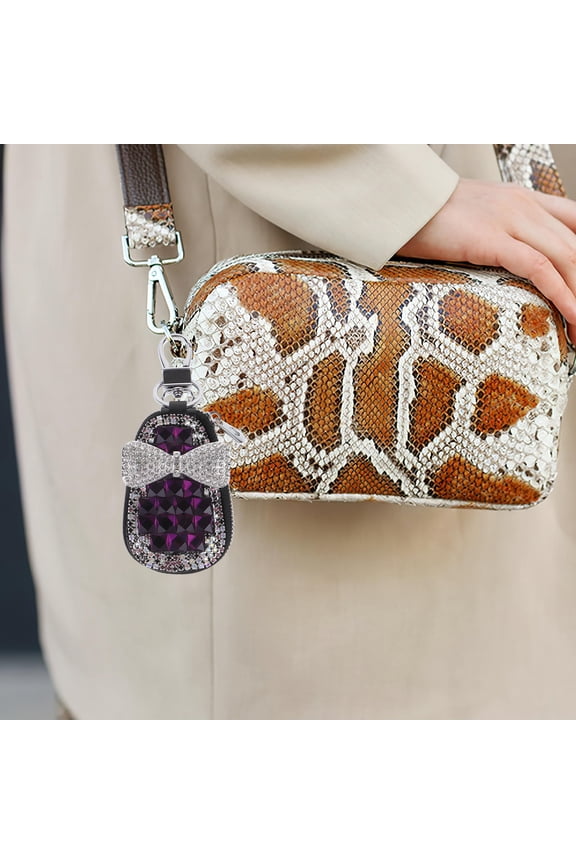 Portable Purple Key Case for Car Keys with Zipper Bling Rhinestone Design