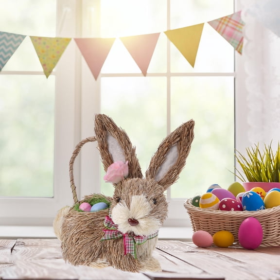 UPGRATOR Straw Woven Rabbit Decor Light Brown Hand Woven Bunny for Home Tabletop and Easter Decoration