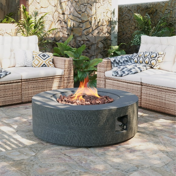 UPHA 42-inch Outdoor Propane Round Fire Pit Table 50000 BTU Gas Concrete FirePit for Outside Patio with Lava Rocks, Rain Cover, Dark Grey