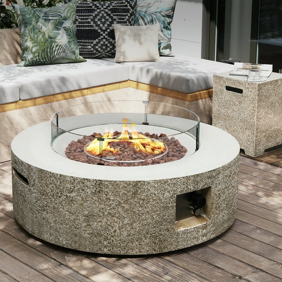 UPHA 42-inch Outdoor Propane Round Fire Pit Table 50000 BTU Gas Concrete FirePit for Outside Patio with Wind Guard, Lava Rocks, Rain Cover, Beige