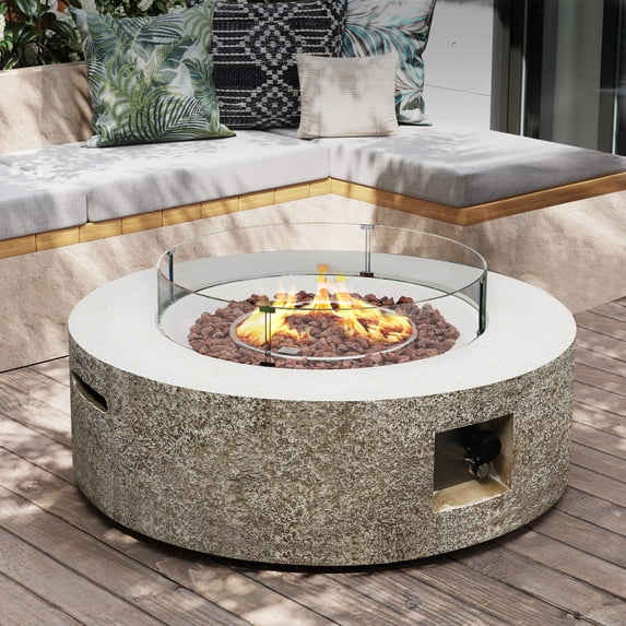 UPHA 42-inch Outdoor Propane Round Fire Pit Table 50000 BTU Gas Concrete FirePit for Outside Patio with Wind Guard, Lava Rocks, Rain Cover, Beige