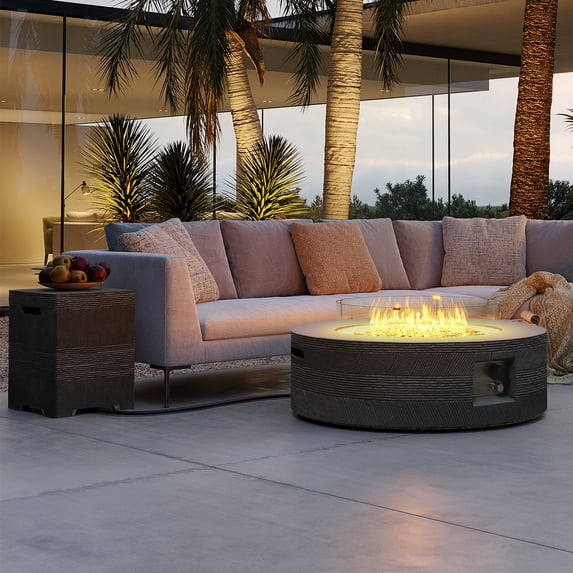 UPHA 42-inch Outdoor Propane Round Fire Pit Table 50000 BTU Gas Concrete FirePit for Outside Patio with Wind Guard, Lava Rocks, Rain Cover, Dark Grey