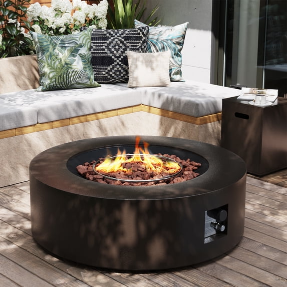 UPHA 42-inch Outdoor Propane Round Fire Pit Table 50000 BTU Iron Gas FirePit for Outside Patio with Tank Cover, Removable Lid, Lava Rocks, Rain Cover, Brown
