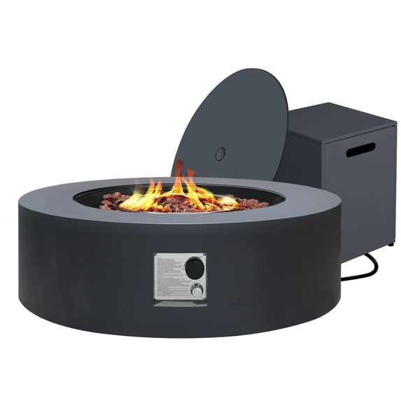 UPHA 42-inch Outdoor Propane Round Fire Pit Table 50000 BTU Iron Gas FirePit for Outside Patio with Tank Cover, Removable Lid, Lava Rocks, Rain Cover, Grey