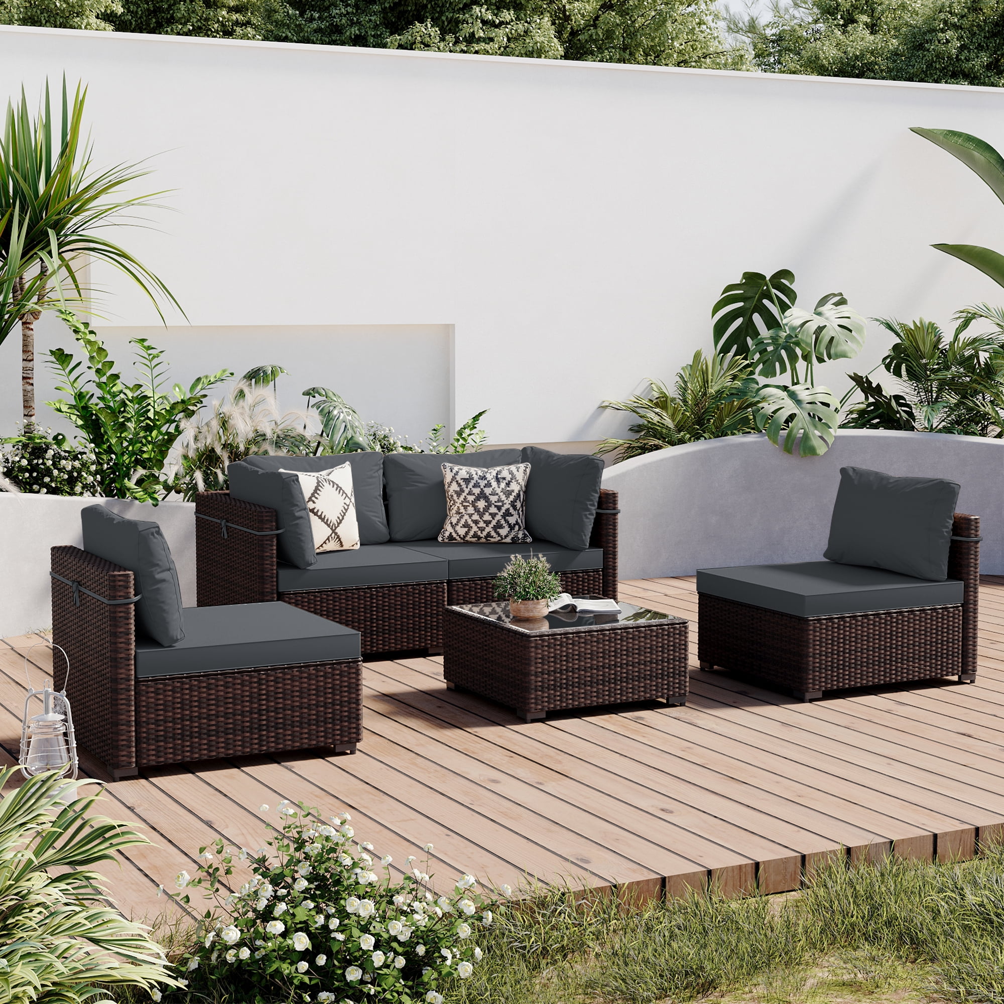 UPHA 5 Pieces Outdoor furniture Sets Patio Sectional Couch Wicker Conversation Sofa for Pools Outside, Gardens, Decks, Brown Rattan, Dark Gray Cushion