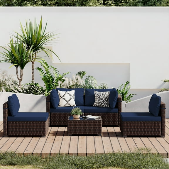 UPHA 5 Pieces Outdoor furniture Sets Patio Sectional Couch Wicker Conversation Sofa for Pools Outside, Gardens, Decks, Brown Rattan, Navyblue Cushion