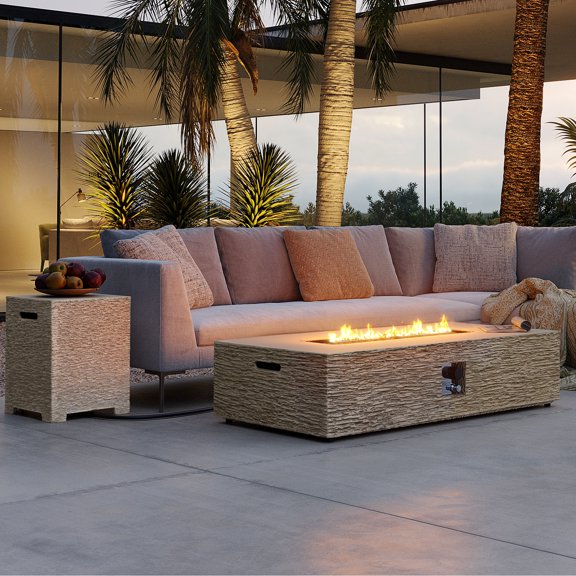 UPHA 56-inch Outdoor Propane Rectangle Fire Pit Table 50000 BTU Gas Concrete FirePit for Outside Patio with Lava Rocks, Rain Cover, Beige