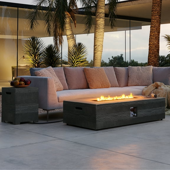 UPHA 56-inch Outdoor Propane Rectangle Fire Pit Table 50000 BTU Gas Concrete FirePit for Outside Patio with Lava Rocks, Rain Cover, Dark Grey