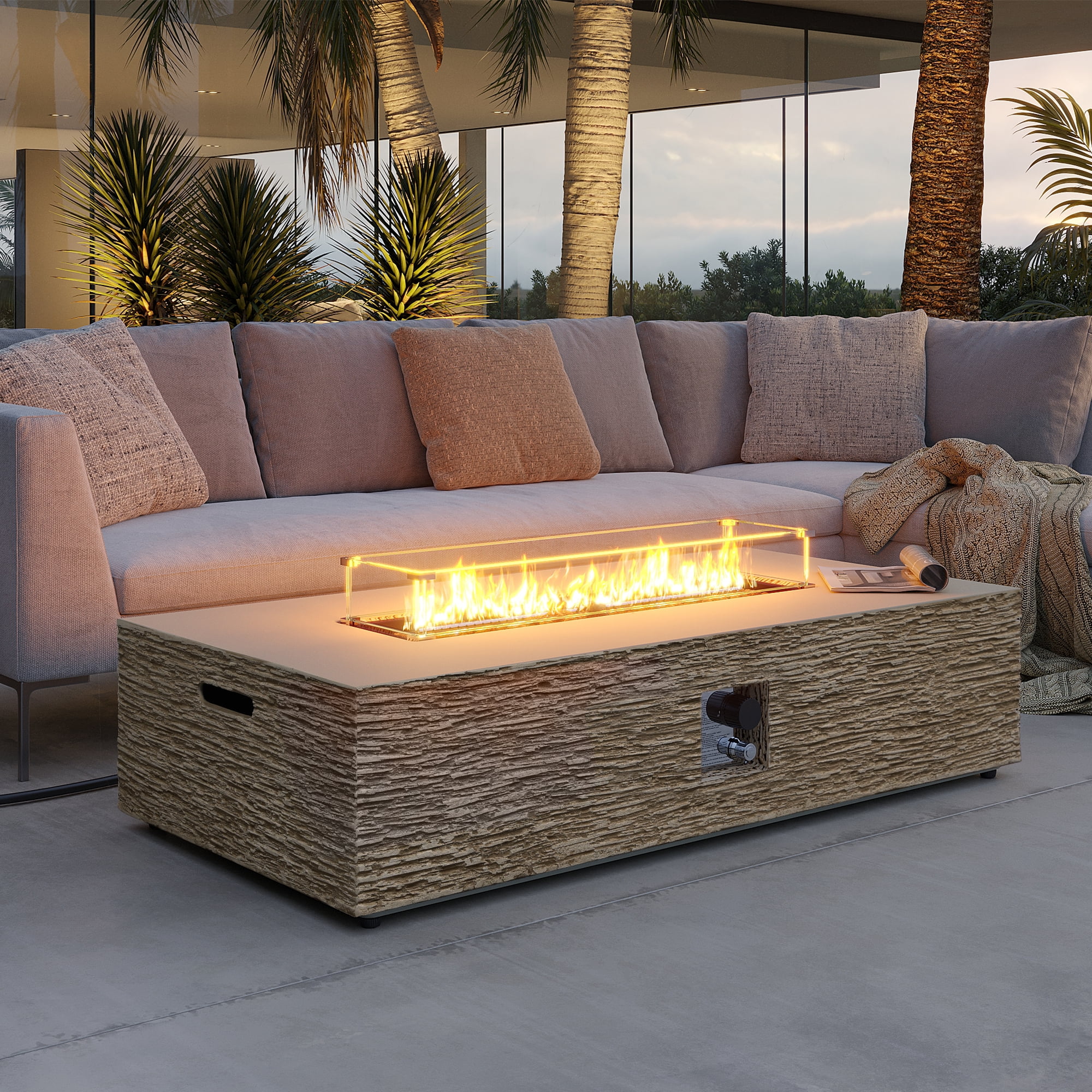 UPHA 56-inch Outdoor Propane Rectangle Fire Pit Table 50000 BTU Gas Concrete FirePit for Outside Patio with Wind Guard, Lava Rocks, Rain Cover, Beige
