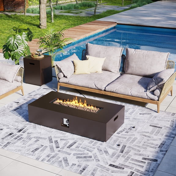 UPHA 56-inch Outdoor Propane Rectangle Fire Pit Table 50000 BTU Iron Gas FirePit for Outside Patio with Tank Cover, Removable Lid, Lava Rocks, Rain Cover, Brown