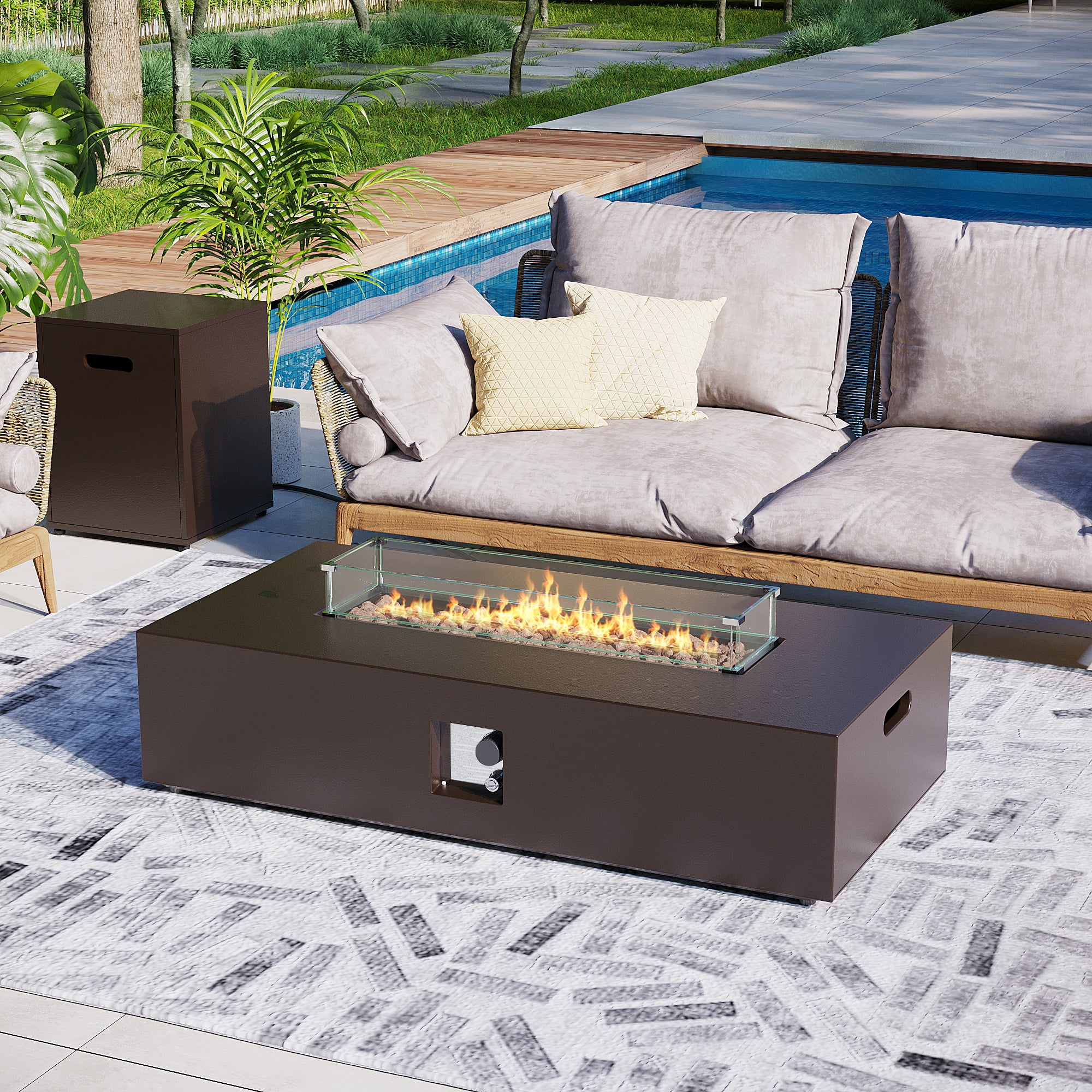 UPHA 56-inch Outdoor Propane Rectangle Fire Pit Table 50000 BTU Iron Gas FirePit for Outside Patio with Tank Cover, Wind Guard, Removable Lid, Lava Rocks, Rain Cover, Brown
