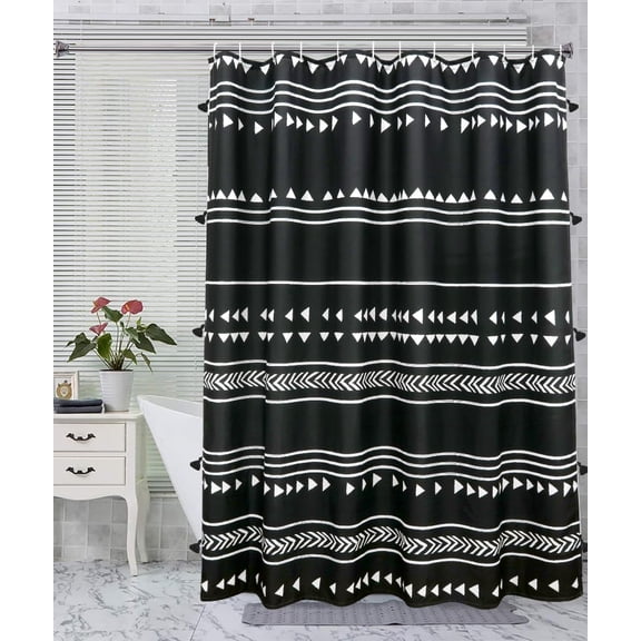 Boho Black and White Fabric Tassel Triangle Stripes Geometric Shower Curtain Set with Hooks Chic Tribal Bathroom Decor Accessories (72X72 inch, Black)