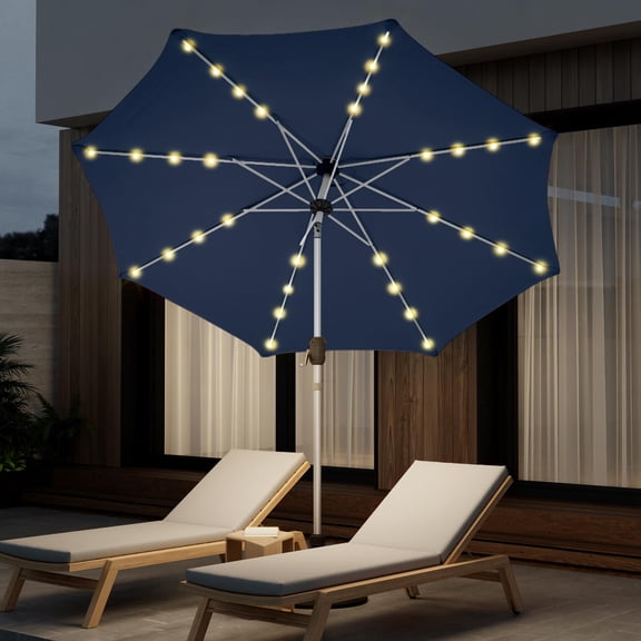 UPHYB 10FT 40 Solar Lighted Patio Umbrella, Fade-Resistant Outdoor Market Table Umbrella with Push Button Tilt Function, 8 Sturdy All-Aluminum Ribs for Gardens, Decks, Backyards & Pools (Navy Blue)